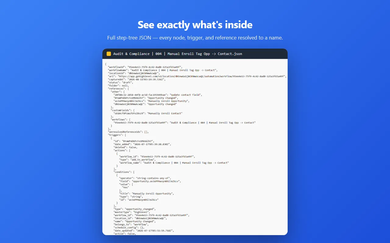 A GoHighLevel workflow exported as clean JSON by GHL Workflow Backup & Audit