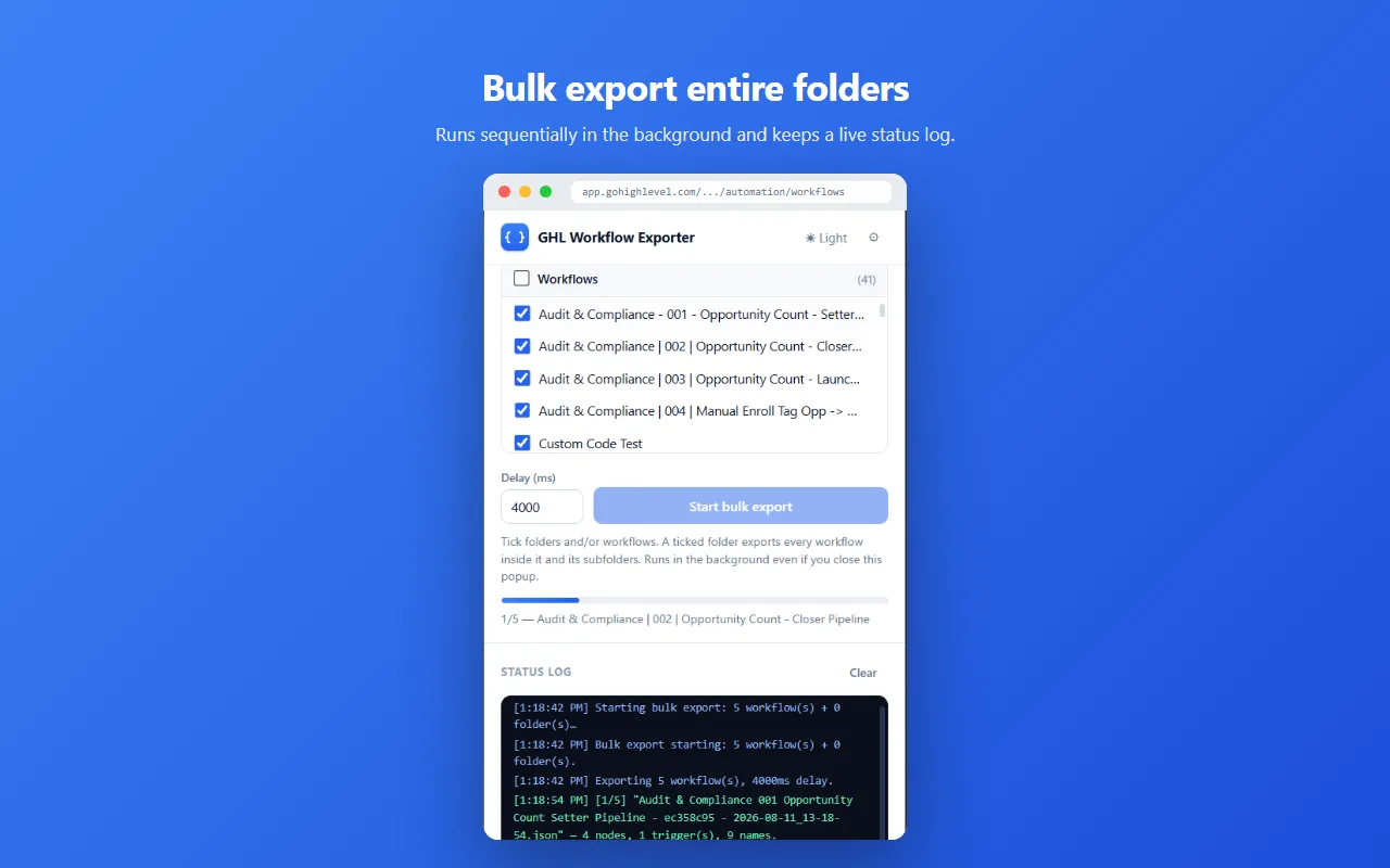 Bulk export view listing whole workflow folders selected for recursive export in a single run