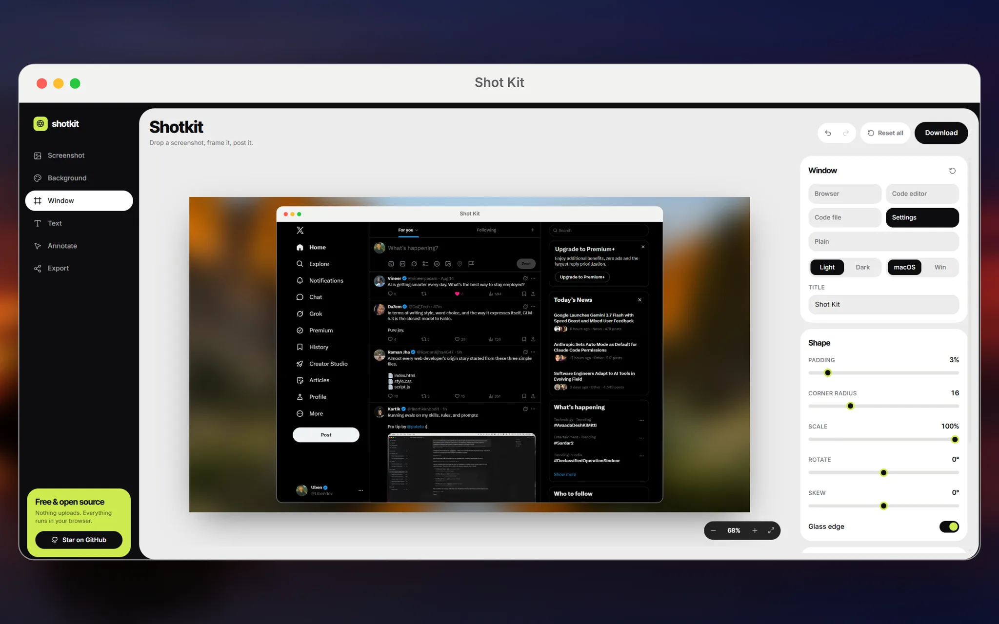 The Shot Kit editor with a screenshot loaded in a framed window, beside panels for window style, padding, corner radius and export.